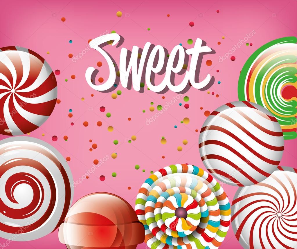 sweet candies rainbow and spiral with pink background