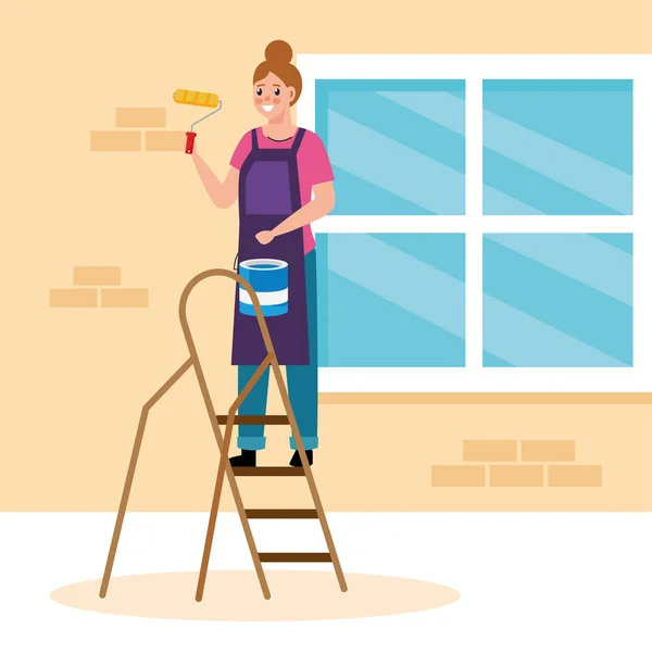 Mujer pintor con rollo y cubo en diseño de vectores escalera — Vector de stock