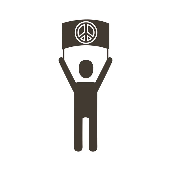 Activist avatar lifting banner with peace symbol silhouette style icon — Stock Vector
