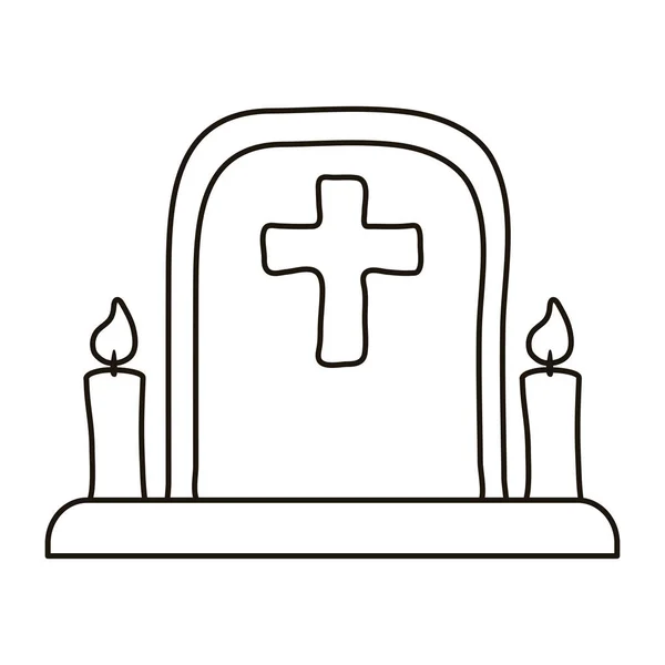 Cemetery tomb with cross and candles line style icon — Stock Vector