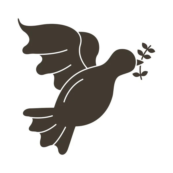 Vrede duif met olijftak vliegen silhouet stijl icoon — Stockvector