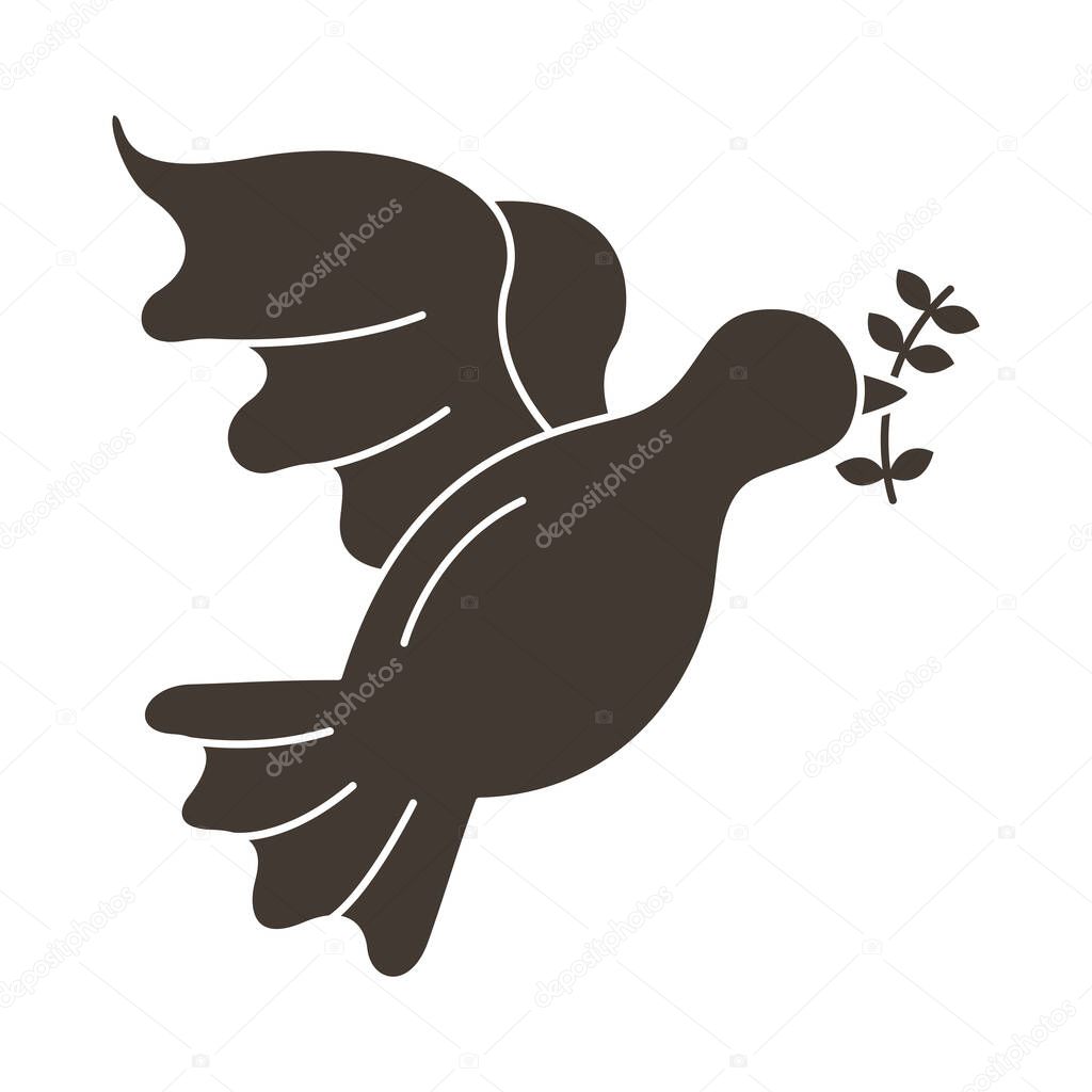 peace dove with olive branch flying silhouette style icon