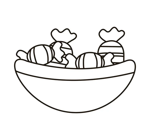 Bonbons sucrés dans le bol icône de style de ligne halloween — Image vectorielle