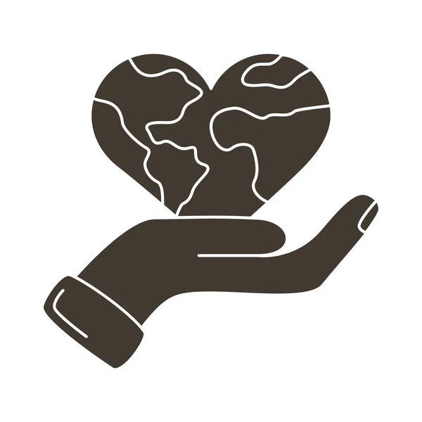 Mano umana sollevamento pianeta terra con icona a forma di cuore stile silhouette — Vettoriale Stock