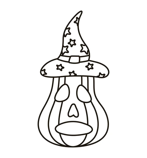 Halloween pumpkin with witch hat line style icon — Stock Vector