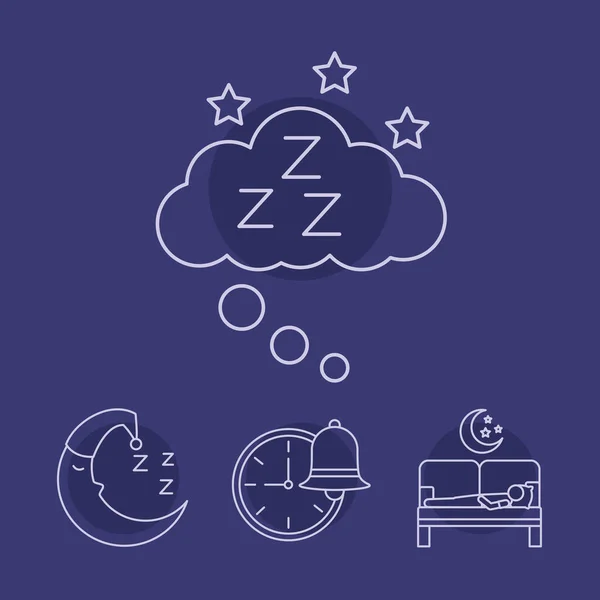 男人和一捆Insomnia线条风格的图标睡在一起 — 图库矢量图片