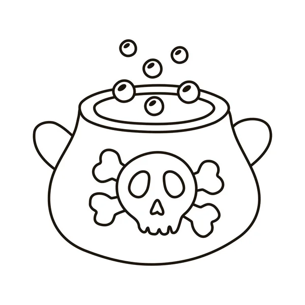 Chaudron de sorcière pot avec timbre crâne ligne style icône — Image vectorielle