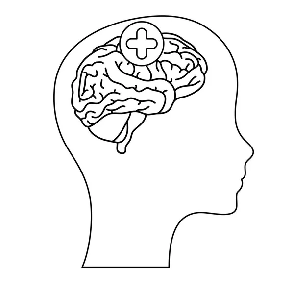 Profil avec cerveau humain et symbole plus icône de soins de santé mentale — Image vectorielle