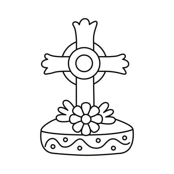 Dia de los muertos croix de tombe avec le style de ligne de fleur — Image vectorielle