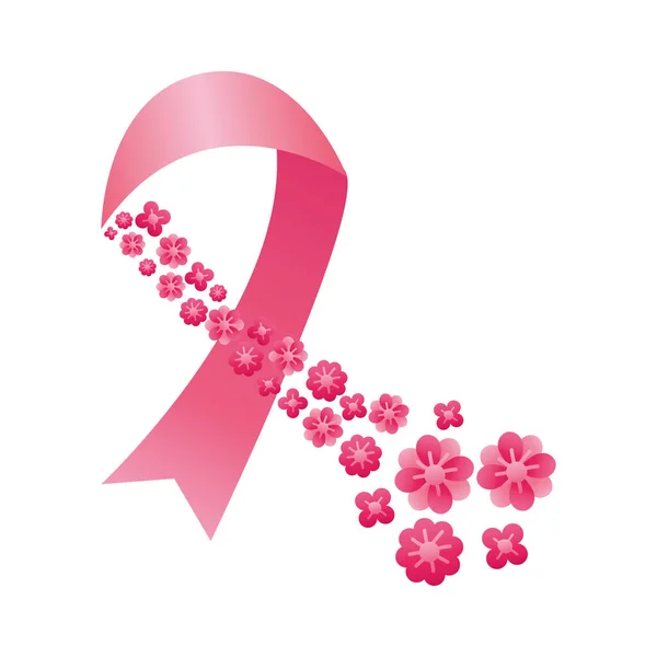 Nastro rosa con fiori icona in stile silhouette cancro al seno — Vettoriale Stock