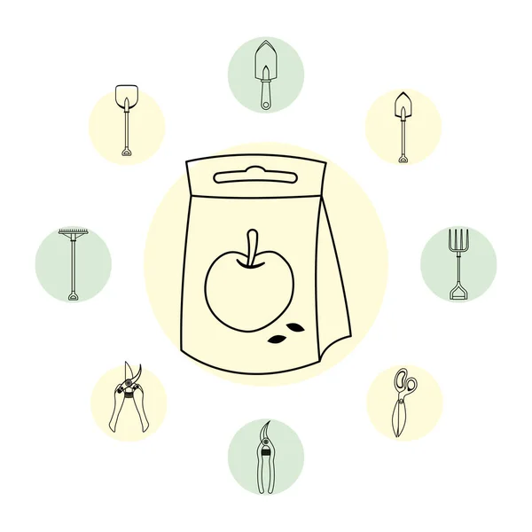 Bolsa de semillas de manzana y herramientas de jardinería iconos de estilo de línea — Vector de stock