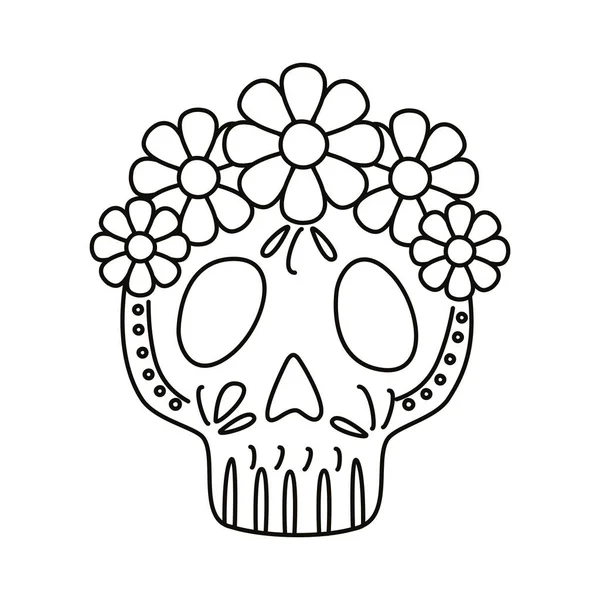 Παραδοσιακό κεφάλι κρανίο Μεξικού με λουλούδια γραμμή στυλ εικονίδιο — Διανυσματικό Αρχείο