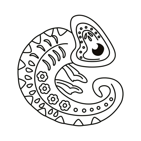 Camaleón con icono de estilo de línea de decoración de cultura mexicana — Vector de stock