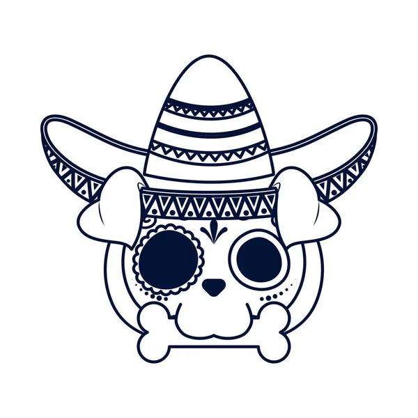 Tête de crâne de chien mexicain traditionnel avec chapeau mariachi style ligne icône — Image vectorielle
