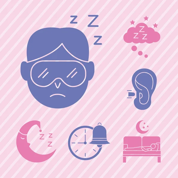 Homme dormant avec paquet d'icônes de style silhouette Insomnie — Image vectorielle