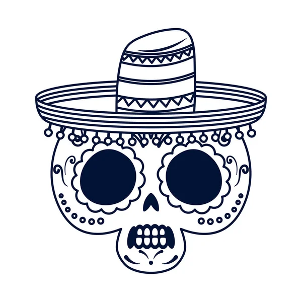 Calavera mexicana tradicional con sombrero cabeza línea estilo icono — Vector de stock