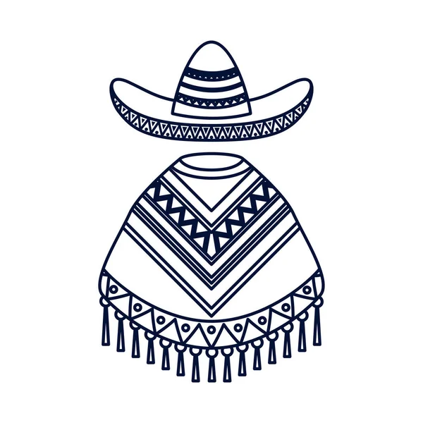 Mexicano cultura poncho e mariachi chapéu linha estilo — Vetor de Stock