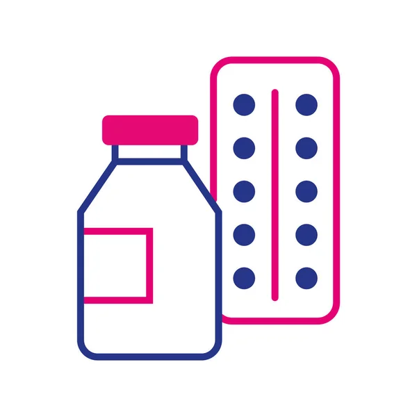 Médicaments pilules bouteille ligne et remplissage icône de style — Image vectorielle