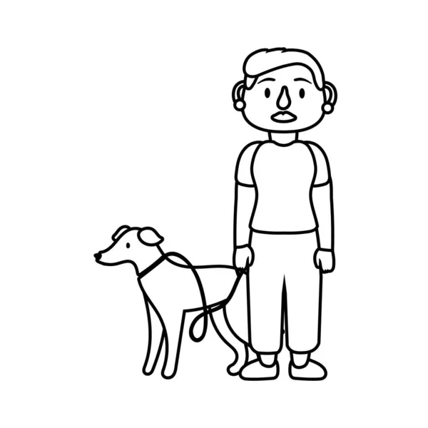 Anciana con perro mascota línea estilo icono — Vector de stock