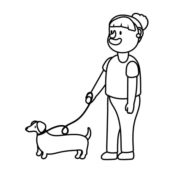 Oude vrouw met hond huisdier lijn pictogram — Stockvector