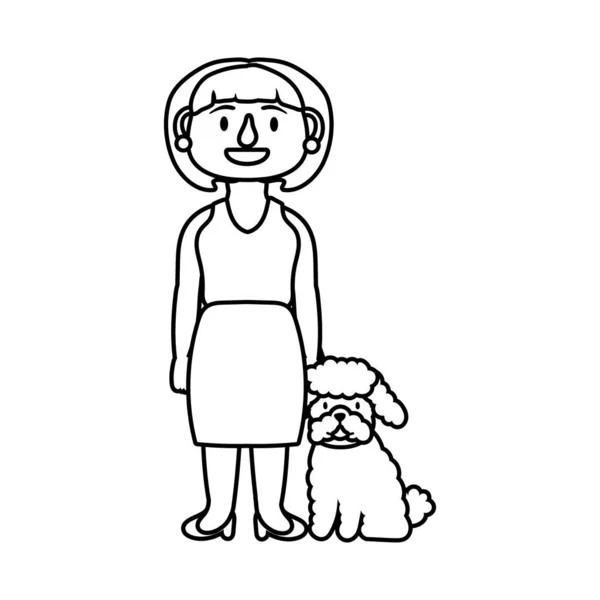 Anciana con perro mascota línea estilo icono — Vector de stock