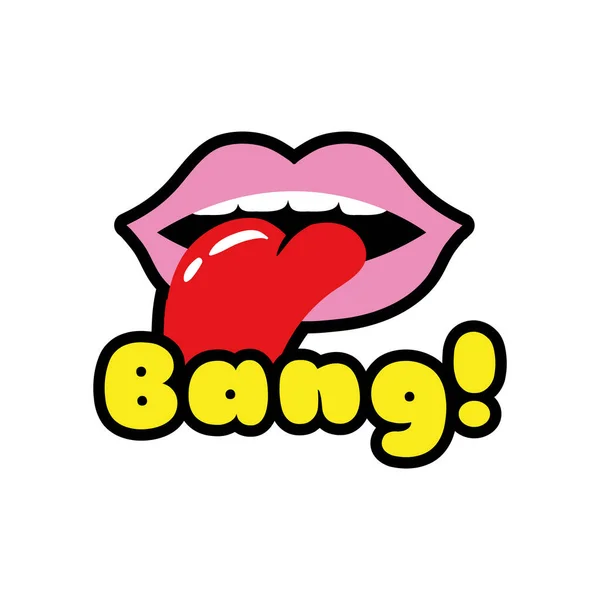 Bocca con la lingua fuori e bang parola icona stile pop art — Vettoriale Stock