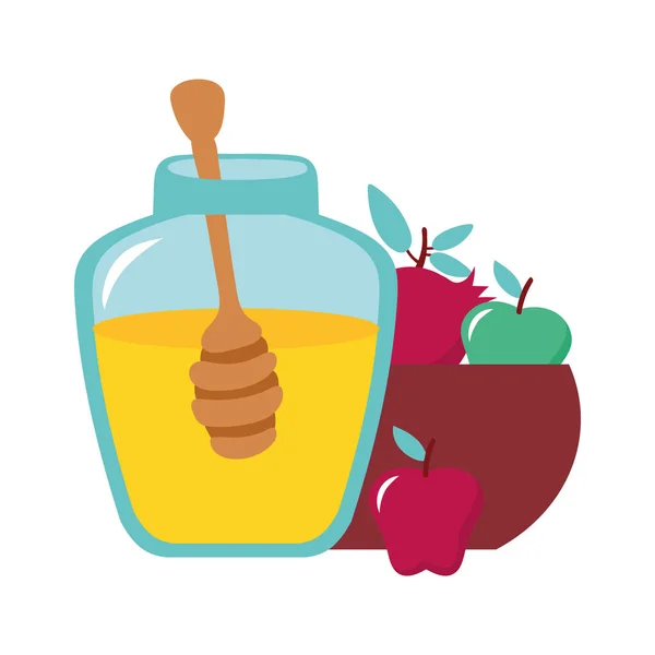 Honig im Glas mit Früchten und Löffel — Stockvektor