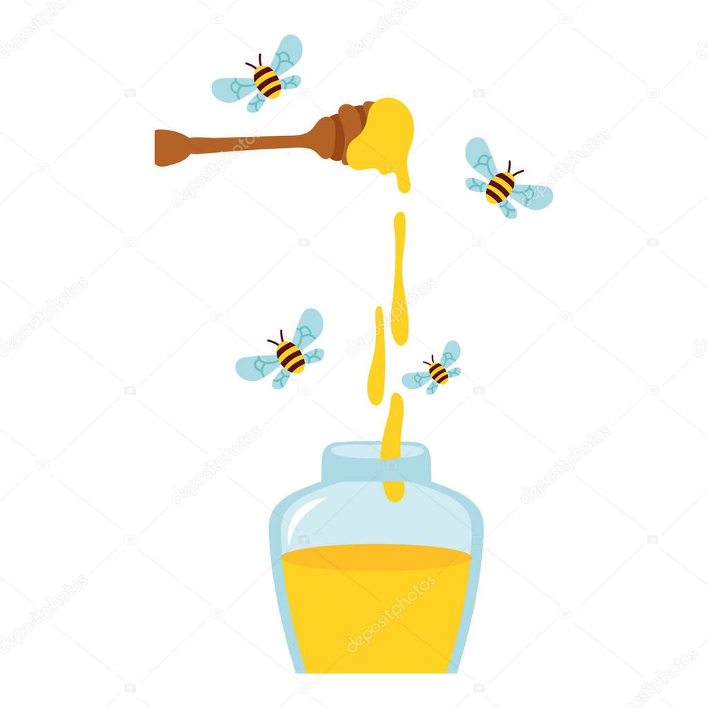 honey in wooden spoon with bees flying and bottle