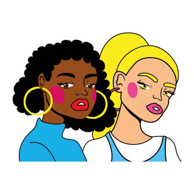 Afro ve sarışın kızlar, moda sanatları tarzında çiftler.