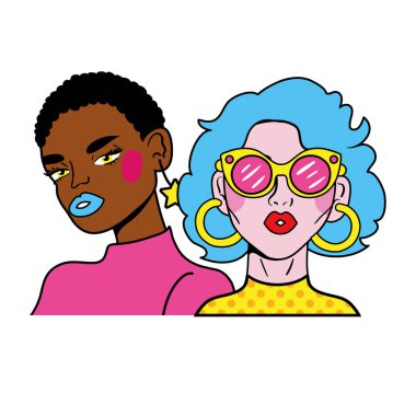 mavi saçlı kadın ve afro kız çift moda sanatları tarzı