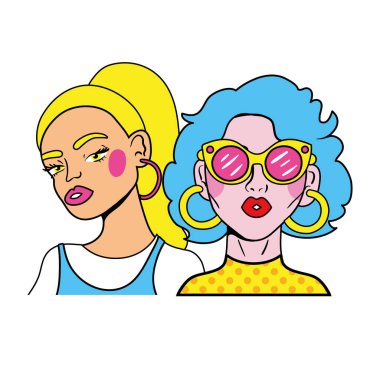 mavi saçlı kadın ve sarışın kız çift moda sanatları tarzında.