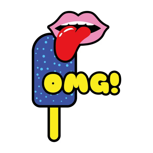 Рот лизания морозива omg слово поп-арт стиль значок — стоковий вектор