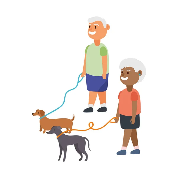 Interracial viejo pareja caminando con perros mascotas caracteres — Vector de stock