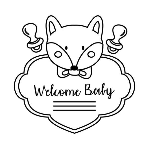 Baby douche frame kaart met kleine vos en welkom baby belettering lijn stijl — Stockvector