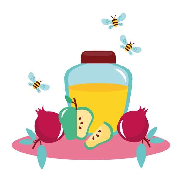 Miel en frasco con frutas y abejas volando — Vector de stock