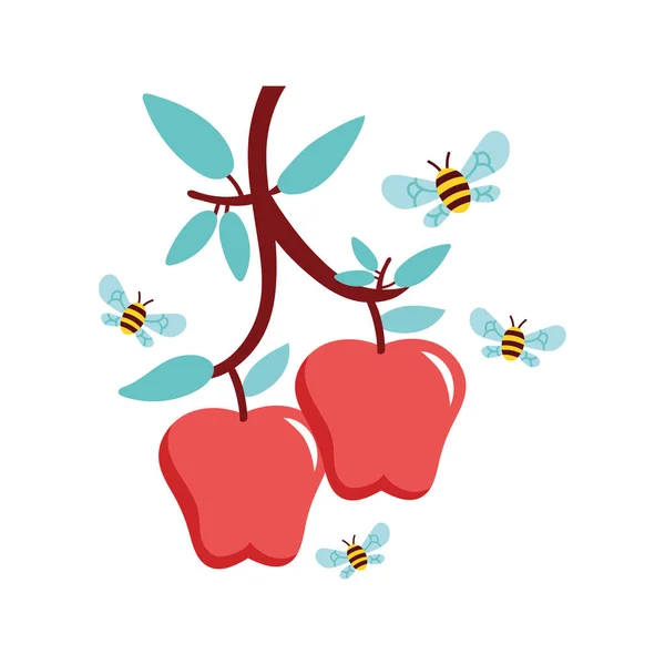 Apples fruits and bees flying — Stock Vector