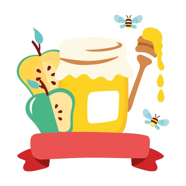 Olla de miel dulce con manzanas y cuchara — Vector de stock