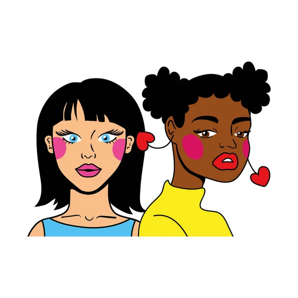 Black hair woman and afro girl couple fashion pop art style — Stock Vector