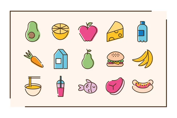 Svazek patnácti ikon sady potravin v oranžovém pozadí — Stockový vektor