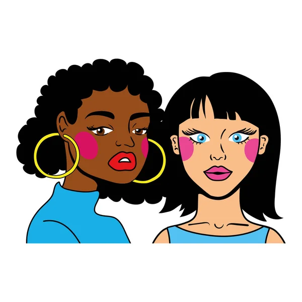 Black hair woman and afro girl couple fashion pop art style — Stock Vector