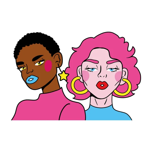 Rosa cabello mujer y afro chica pareja moda pop arte estilo — Archivo Imágenes Vectoriales
