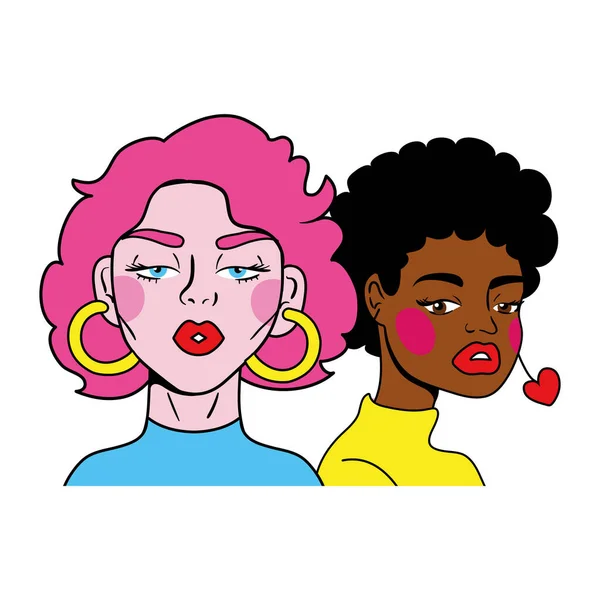 Ροζ μαλλιά γυναίκα και afro κορίτσι ζευγάρι μόδας ποπ τέχνη στυλ — Διανυσματικό Αρχείο