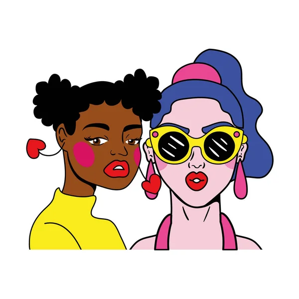 Púrpura cabello mujer y afro chica pareja moda pop arte estilo — Archivo Imágenes Vectoriales