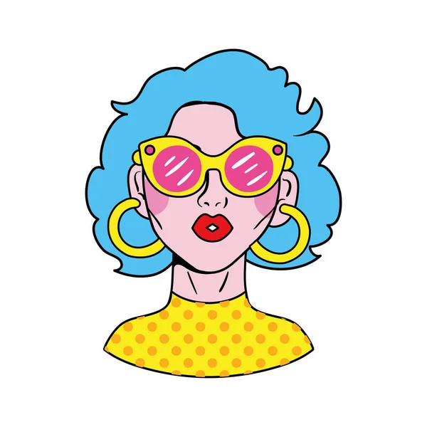 Mujer con pelo azul y gafas de sol pop icono de estilo de arte — Archivo Imágenes Vectoriales