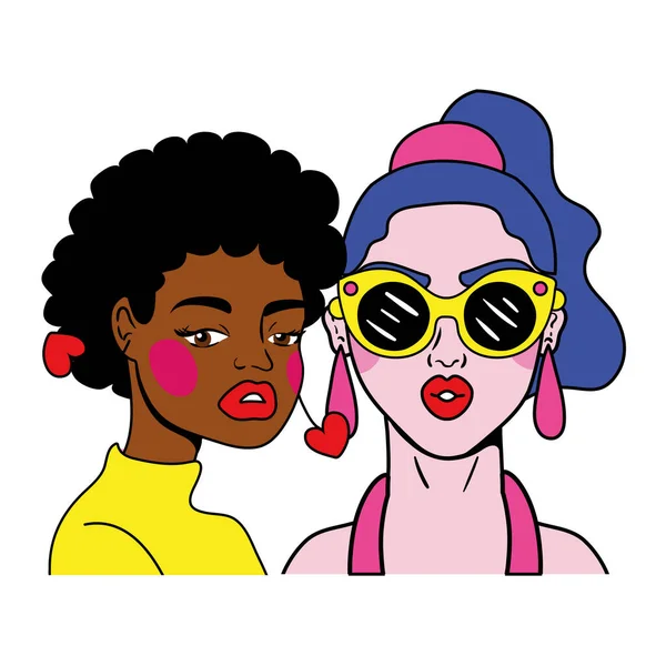 Purple hair woman and afro girl couple fashion pop art style — Stock Vector
