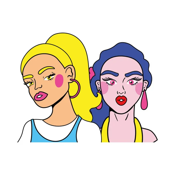 Purple hair woman and blond girl couple fashion pop art style — Stock Vector