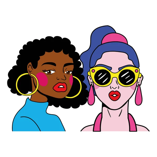 Purple hair woman and afro girl couple fashion pop art style — Stock Vector