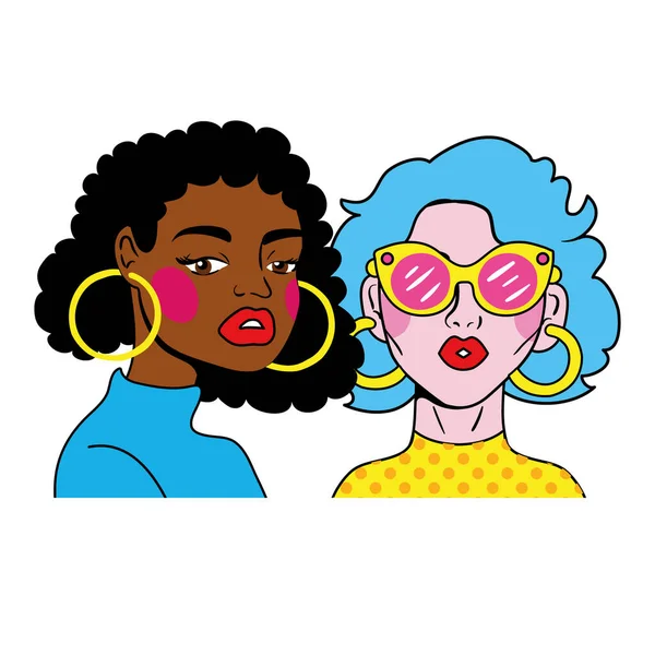 Mulher de cabelo azul e afro menina casal moda pop arte estilo — Vetor de Stock