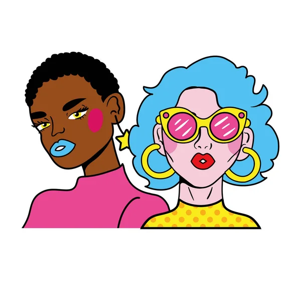 Blue hair woman and afro girl couple fashion pop art style — Stock Vector