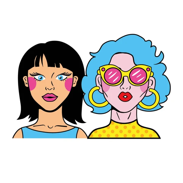 Hair colors girls couple fashion pop art style — Stock Vector